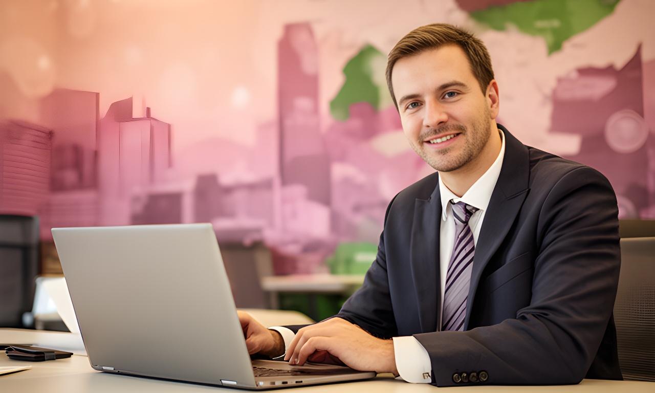 Database consultant working beside a laptop in a modern Pittsburgh office with a city map on the wall