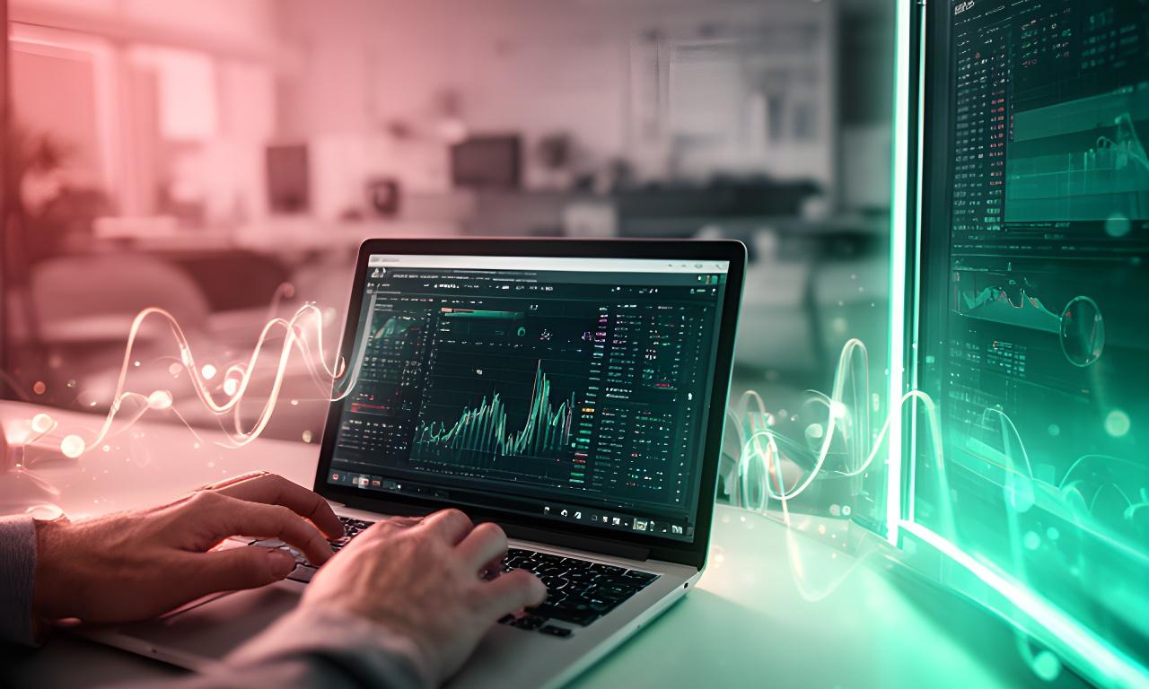 Database analyst monitoring a fast laptop setup beside a glowing workstation in a Pittsburgh office