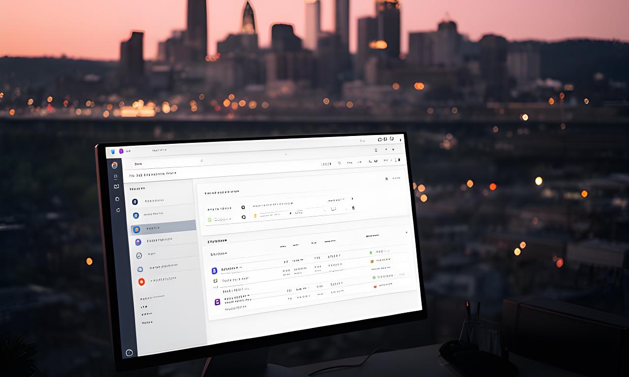 A polished DBeaver dashboard on a desktop monitor beside a Pittsburgh skyline at dusk