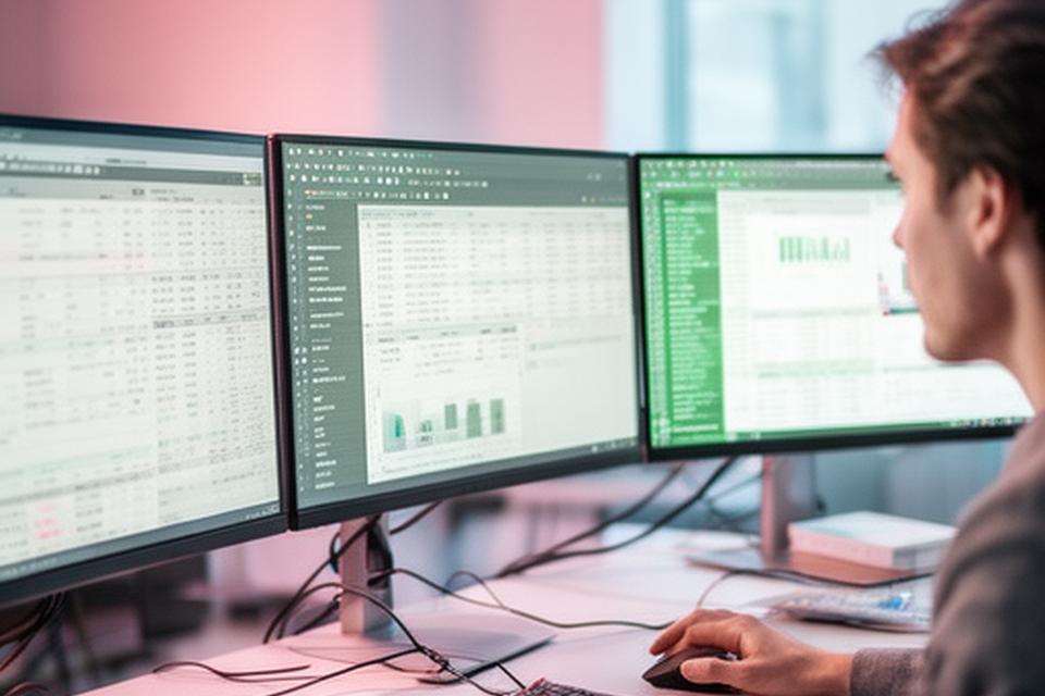 Analyst comparing order and inventory records on multiple screens in a modern workspace