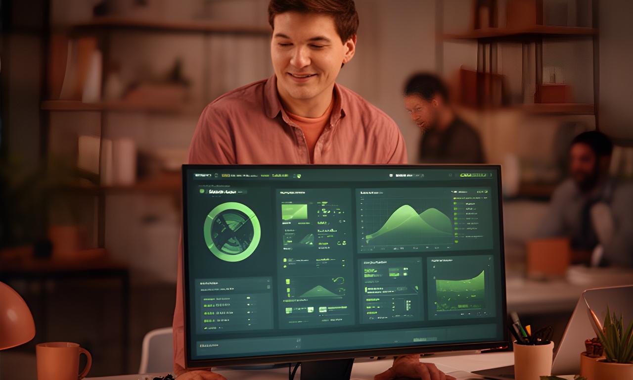 Database specialist reviewing DBeaver dashboards on a wide monitor in a warm office setting