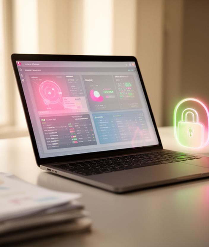 Laptop showing a database dashboard in a calm office with privacy notes beside it
